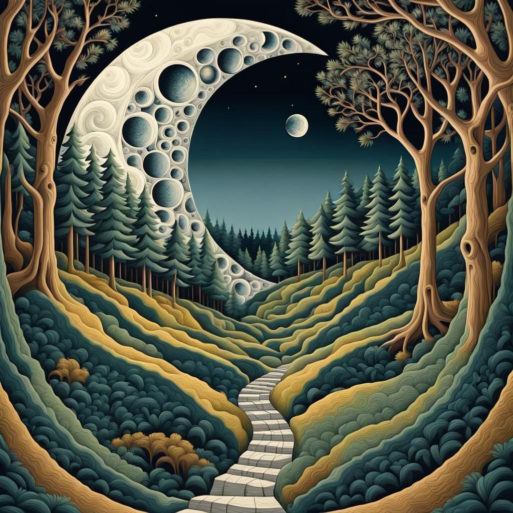 Moonlit Glade in Escher Style: Abstract Art