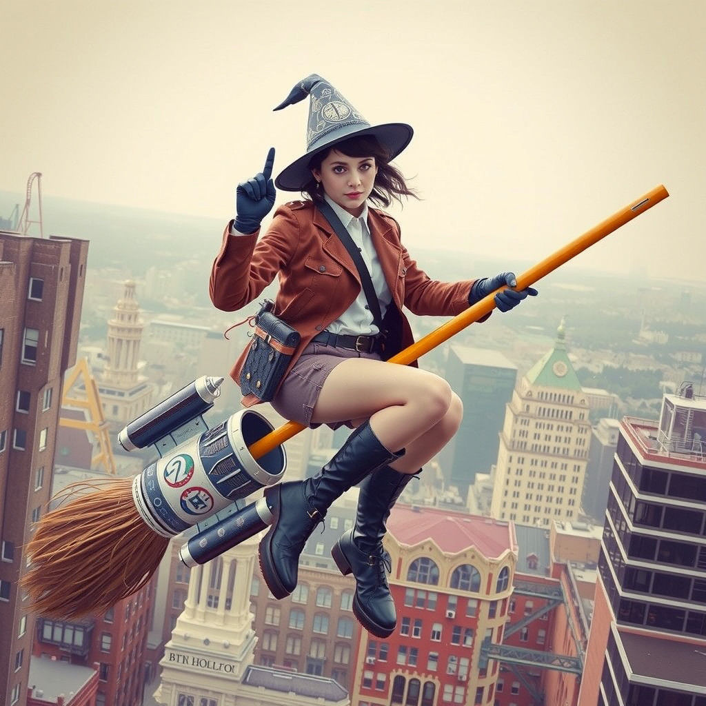Modern Witch Girl Flying Over Vintage Cityscape