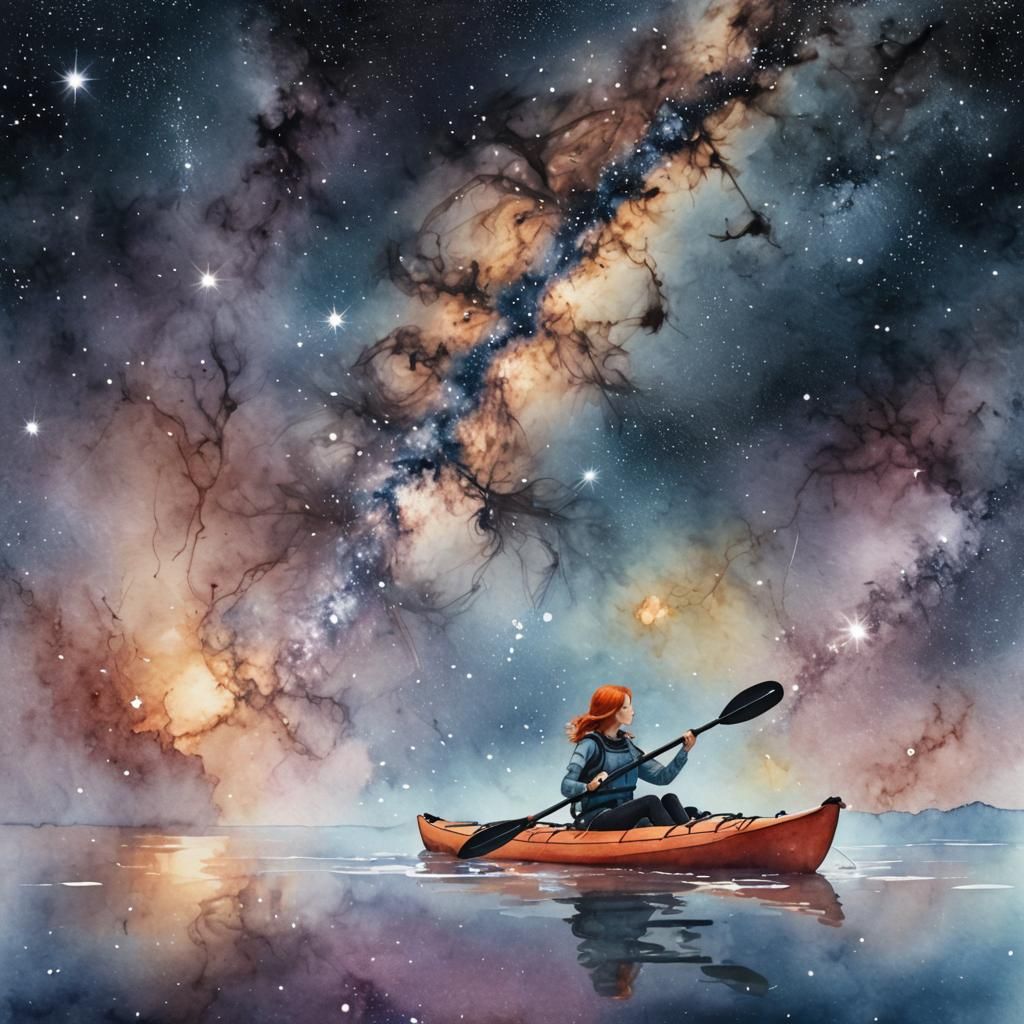 Woman Kayaking on the Milky Way in Watercolor