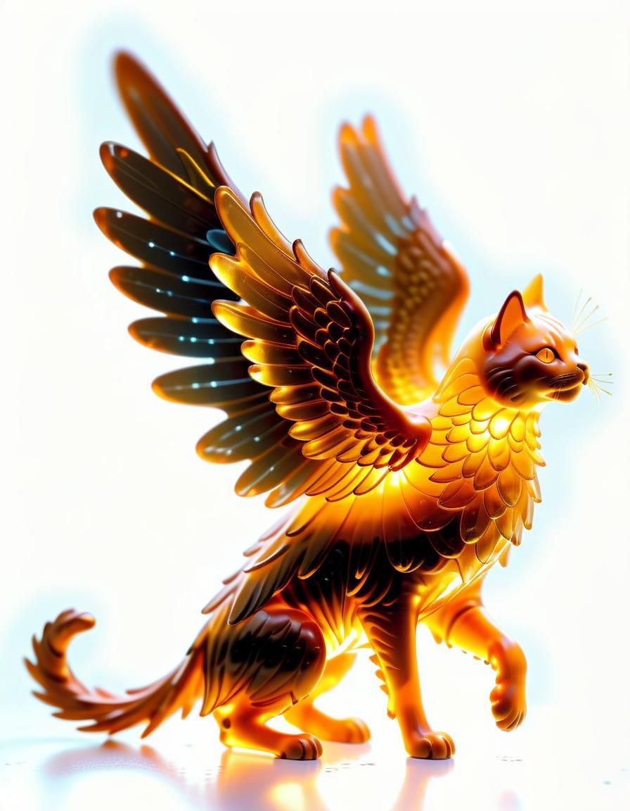 Ethereal Orange Angel Cat Sculpture in Glowing Bioluminescen...
