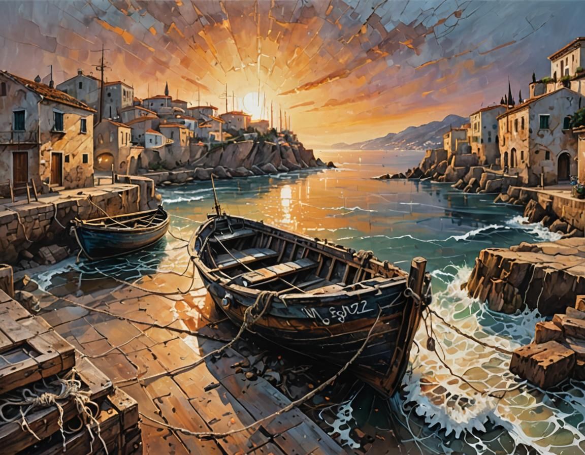 Fishing Boat at Sunrise: Dark Fantasy Acrylic Painting