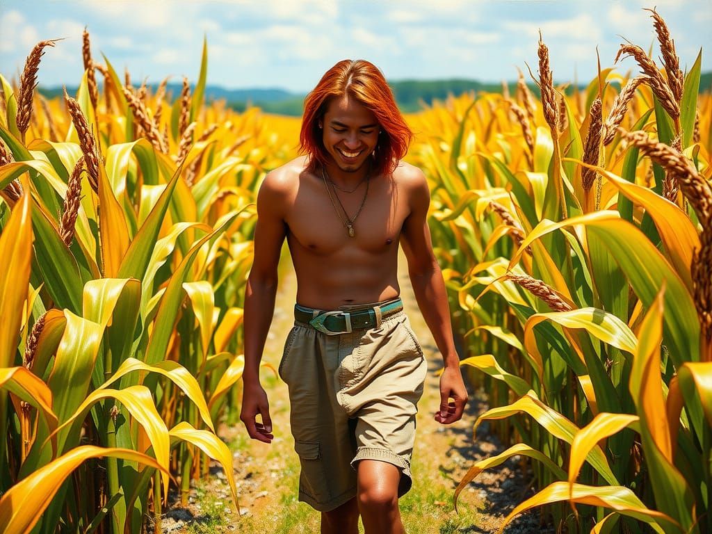 Chinese man with ginger hair walks through a corn field.
