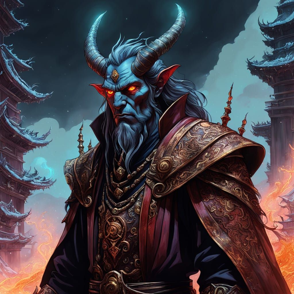 Surreal Tiefling Wizard in Mystic, High-Contrast Landscape