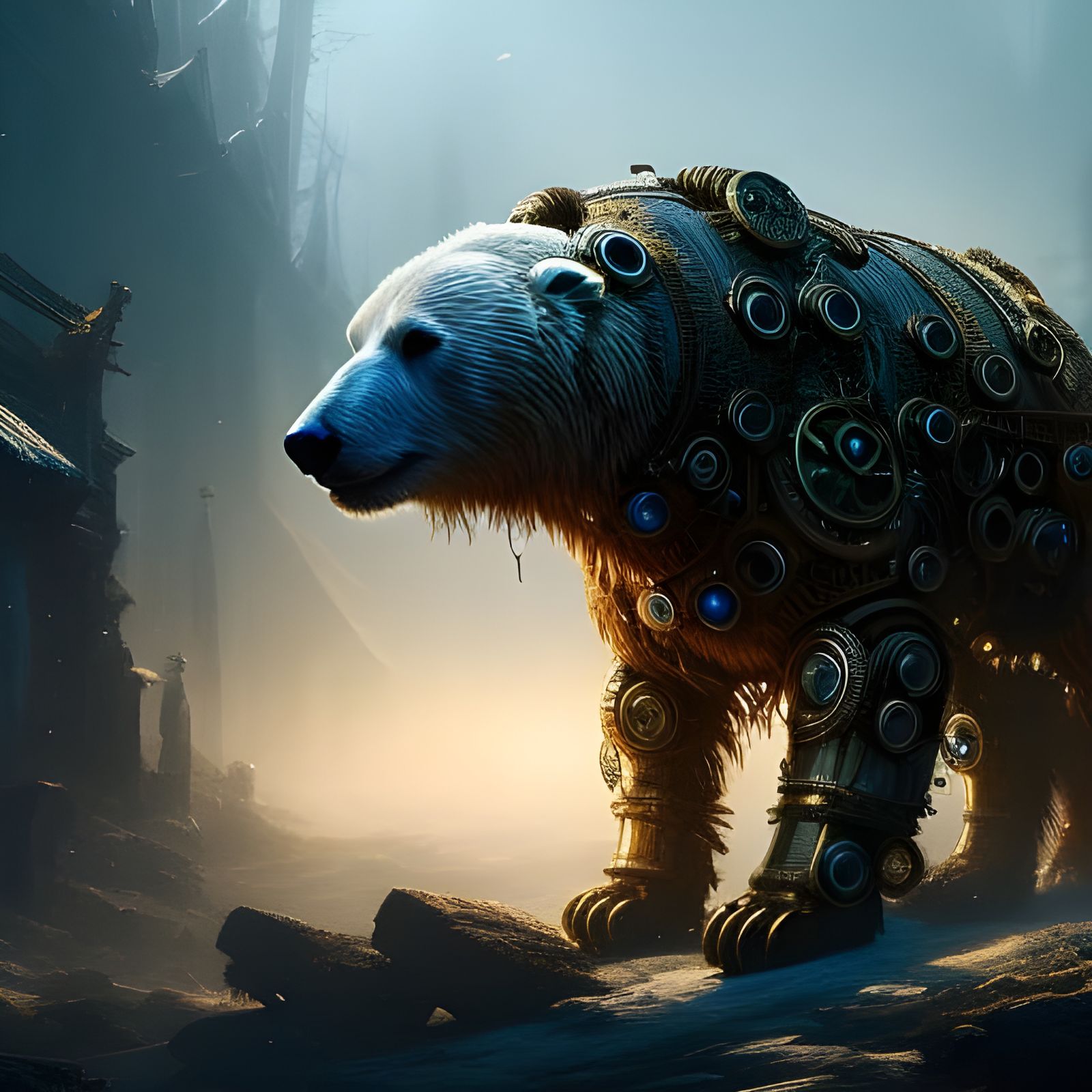 Steampunk Polar Bear in Dark Fantasy Style