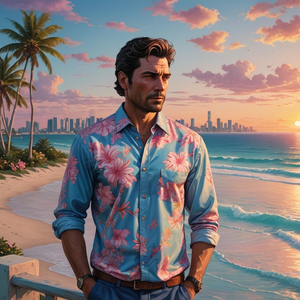 Tommy Vercetti Inspired Character in Miami Sunset