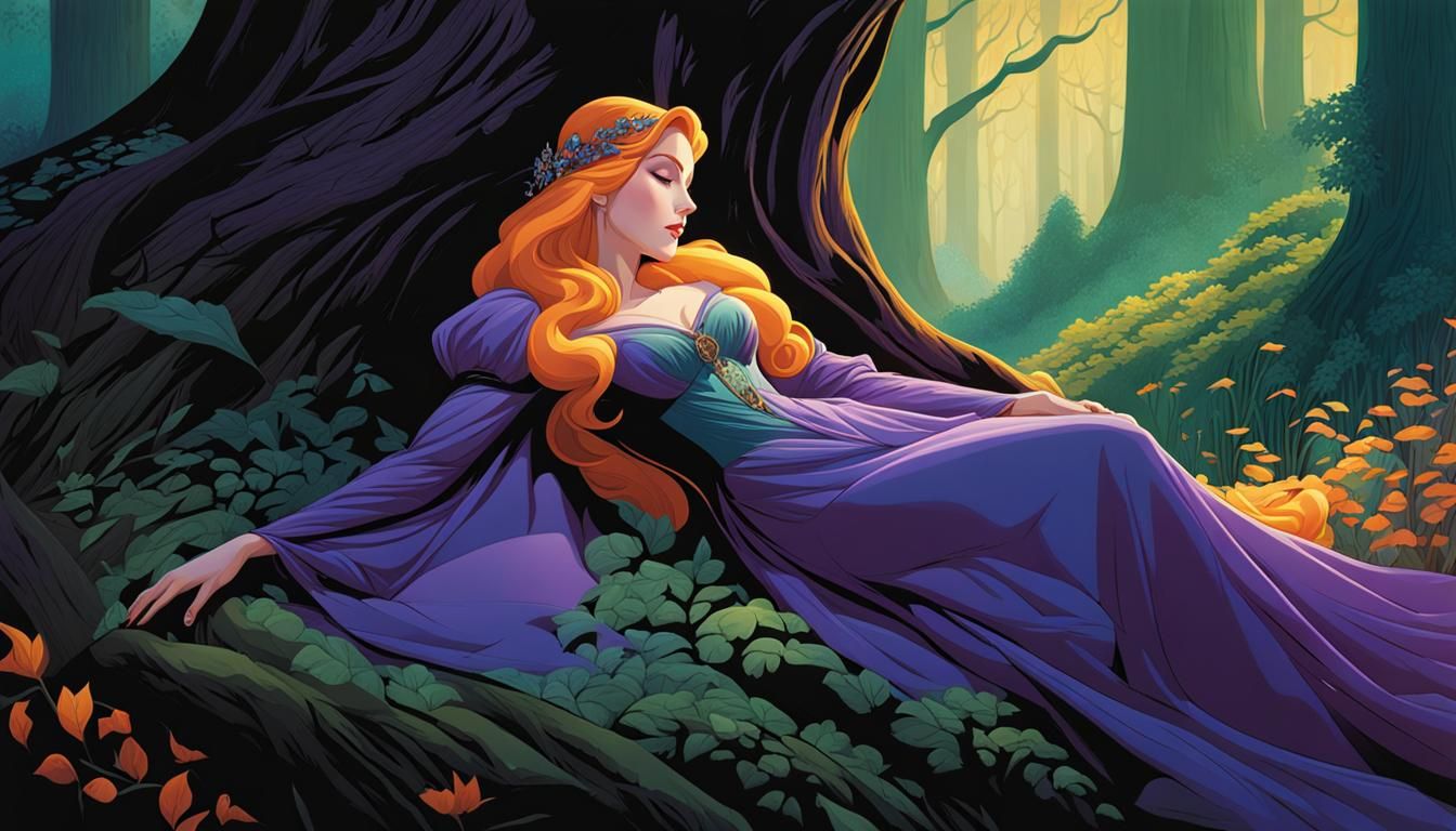 Sleeping Beauty in Enchanted Forest, Fantasy Illustration