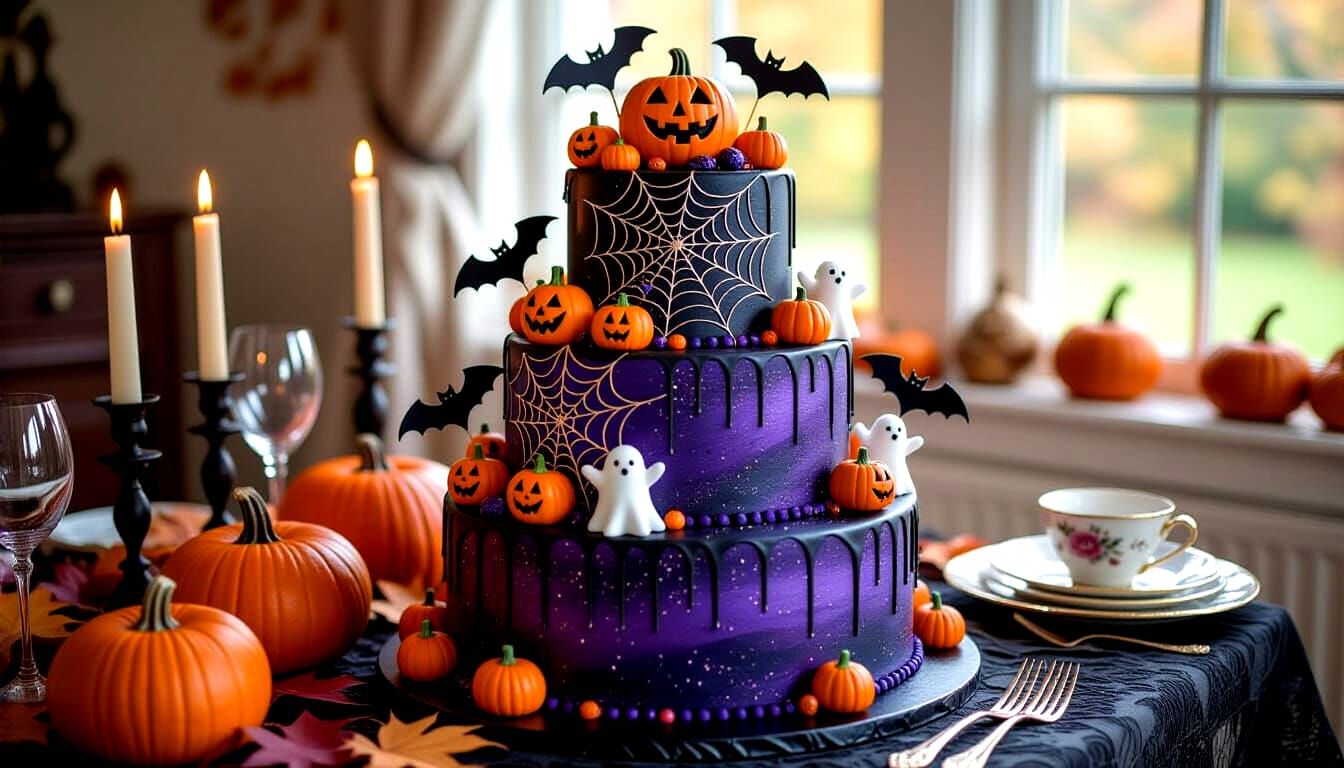 Exquisite Halloween Cake with Gothic Dessert Table