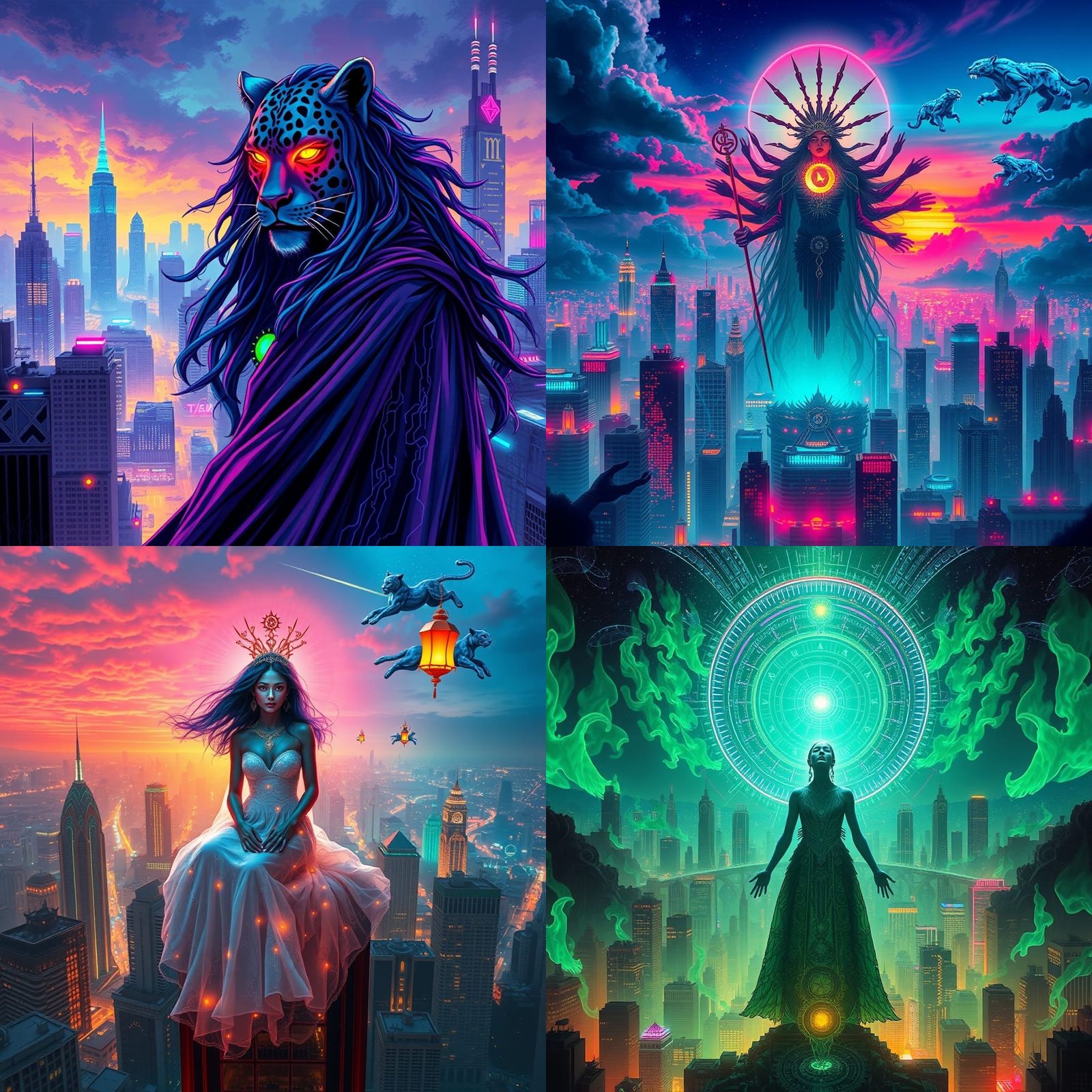 Cyberpunk Goddess of Time and Teal Fire