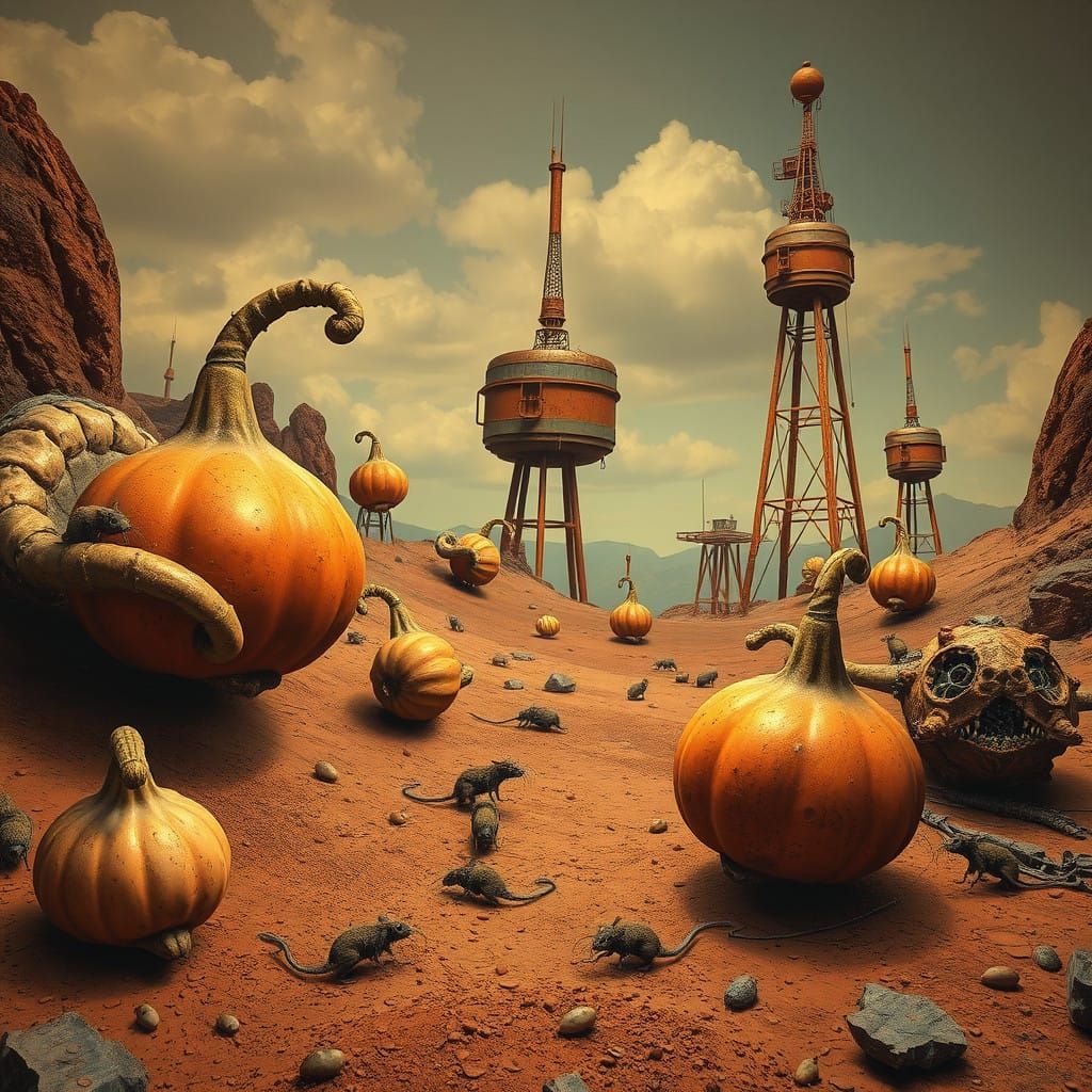 Surreal Earthly Realm with Gourd-Like Fruits and Ancient Rui...