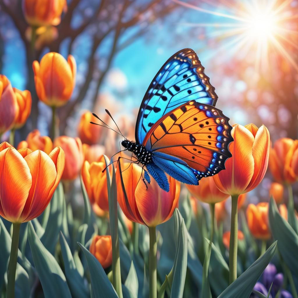 Blue and Orange Butterfly on Tulips in Astral Illustration
