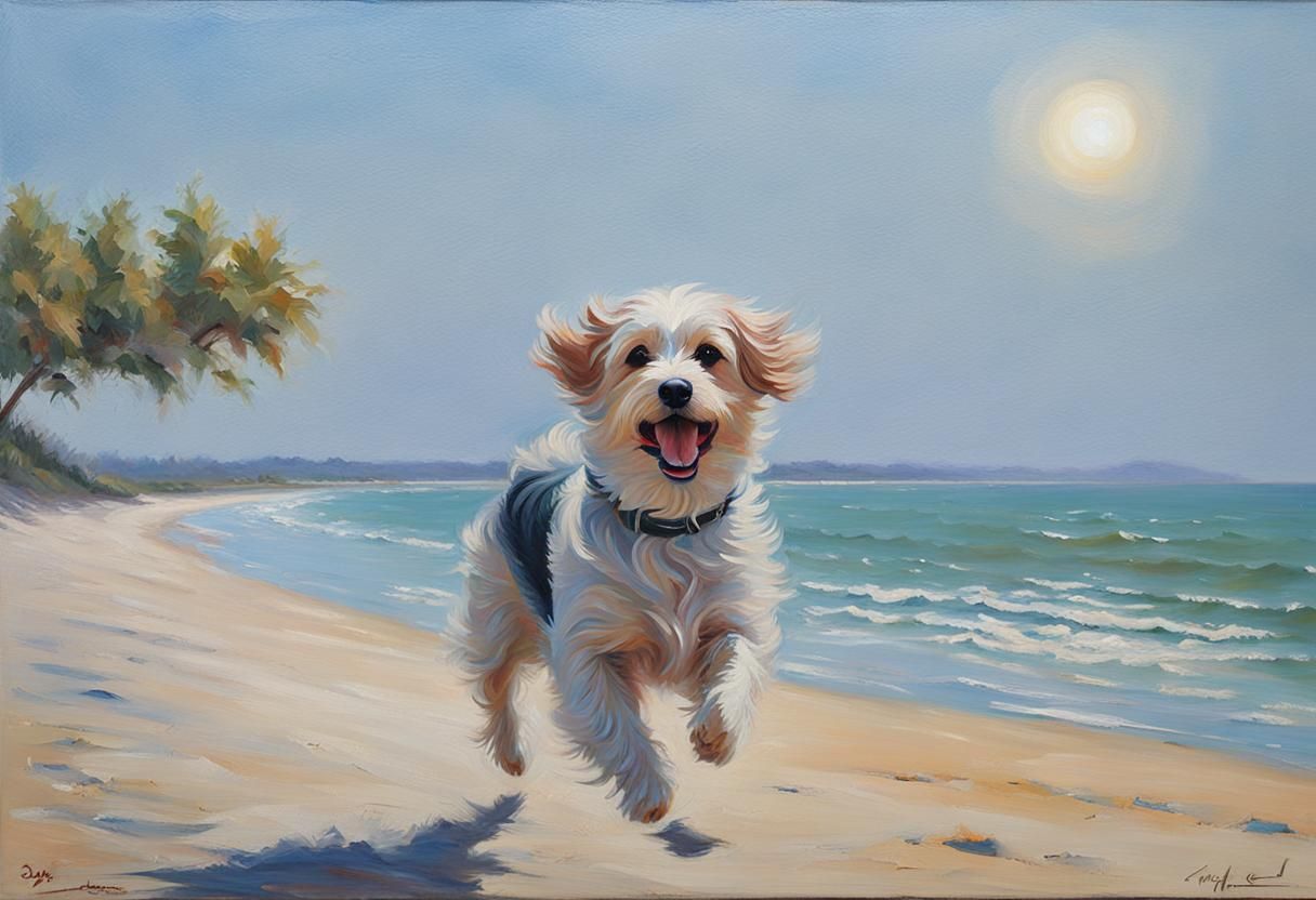 Dog Running on Beach in Monet Style Oil Painting