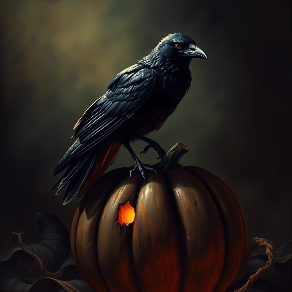 Upon a pumpkin dark and grim, the raven perched with hollow ...