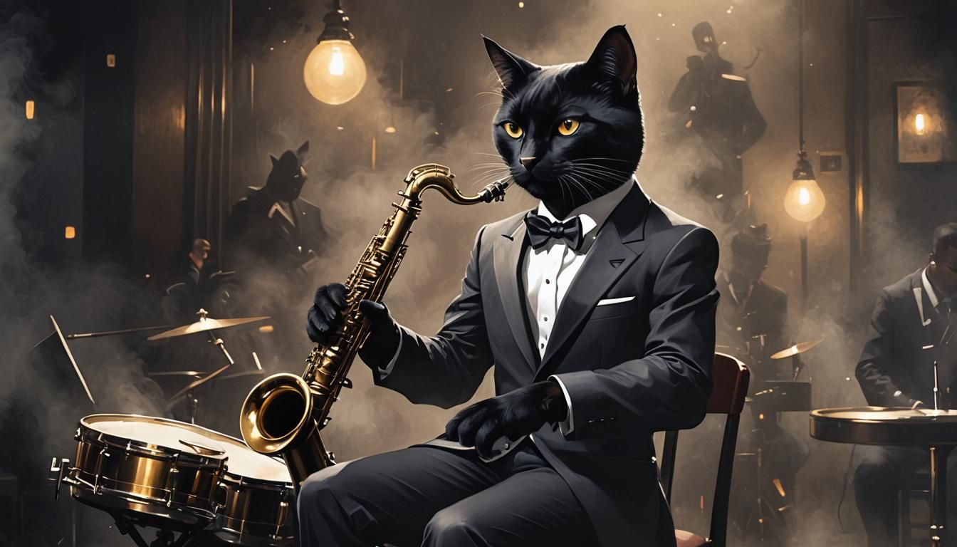 Cool Cat Plays Saxophone in Jazz Club