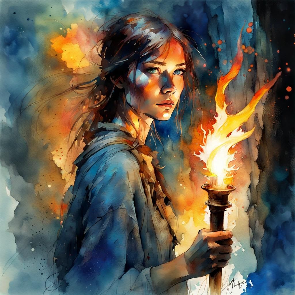 Beautiful Woman Explorer in Dark Cave: Watercolor Art