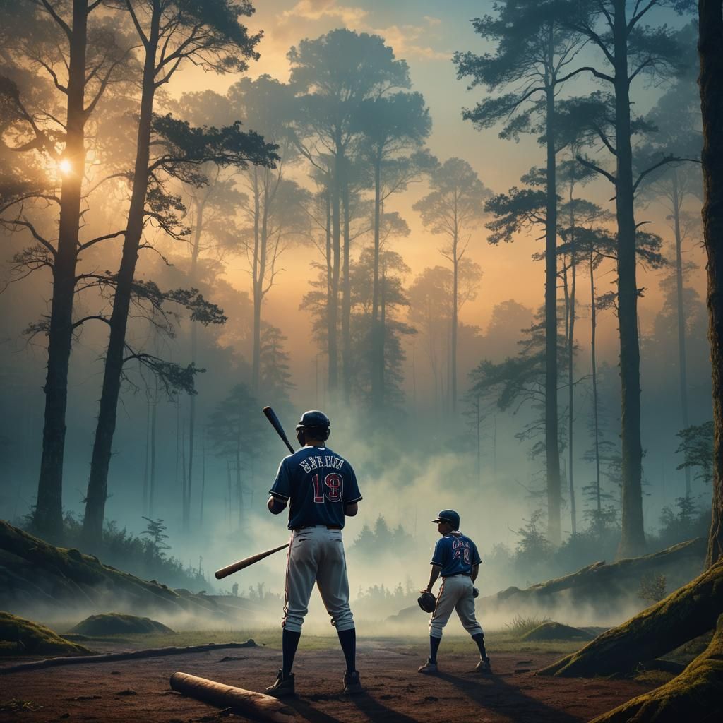 Heroic Baseball Player in Mystical Forest, Fantasy Art