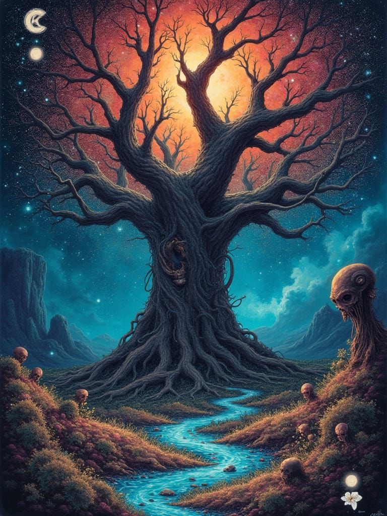 Cosmic Tree on Alien Cards in Acrylic Style