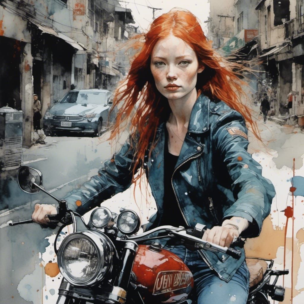 Redhead Girl on Motorcycle in Watercolor Style