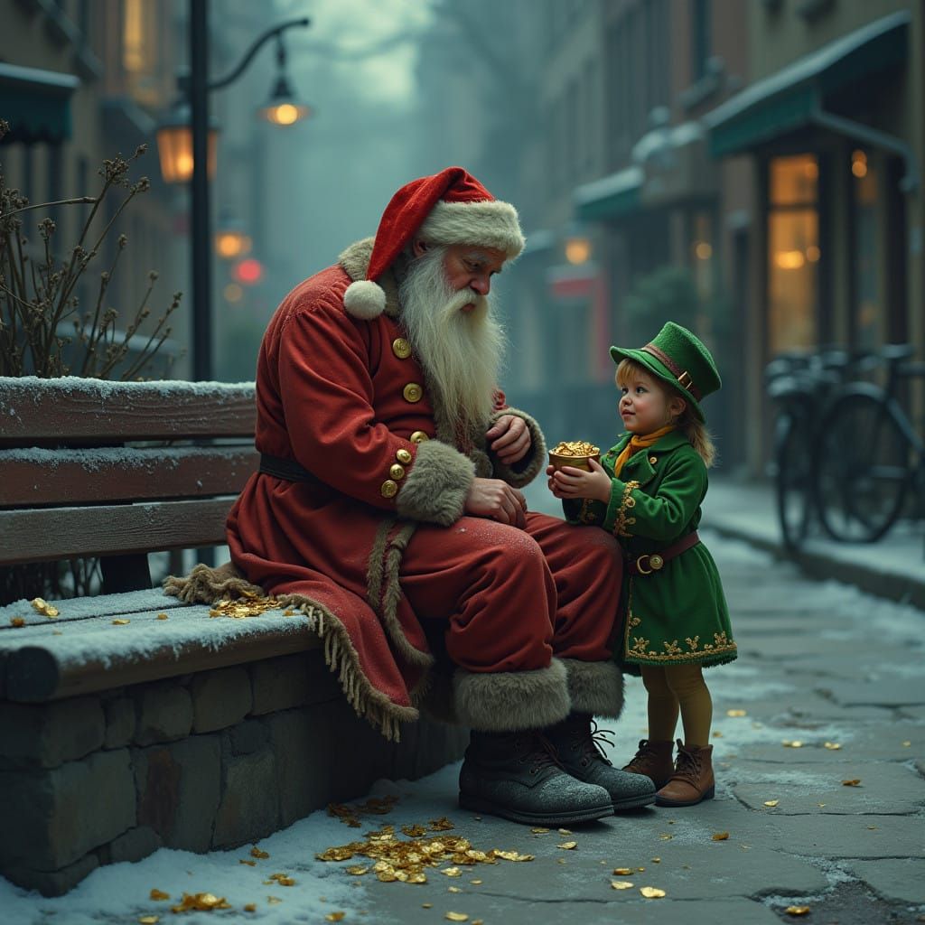 Worn Santa Finds Solace in City Streets with Whimsical Lepre...