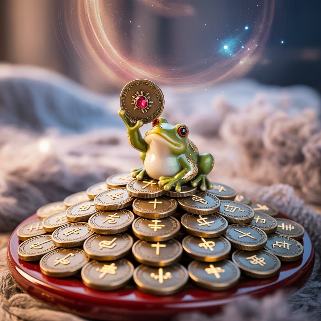 Feng Shui Money Frog perched atop layered stacks of ancient ...