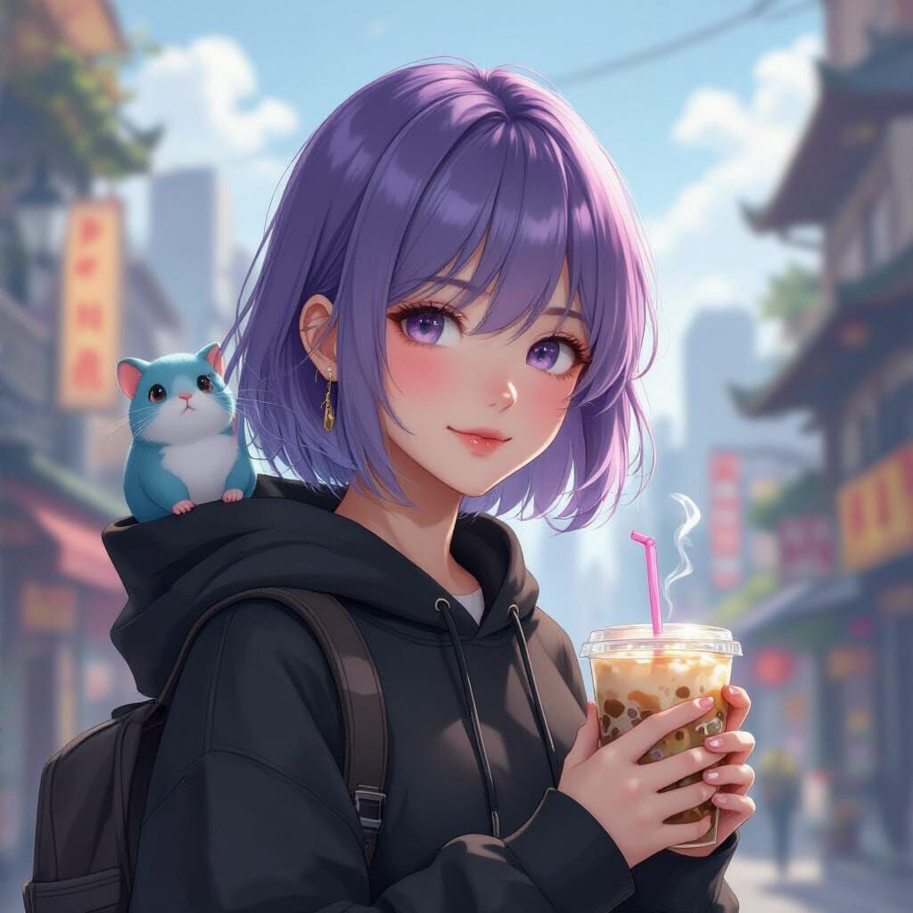 Teenager with Fantasy Rat in Cloud City, Anime Art