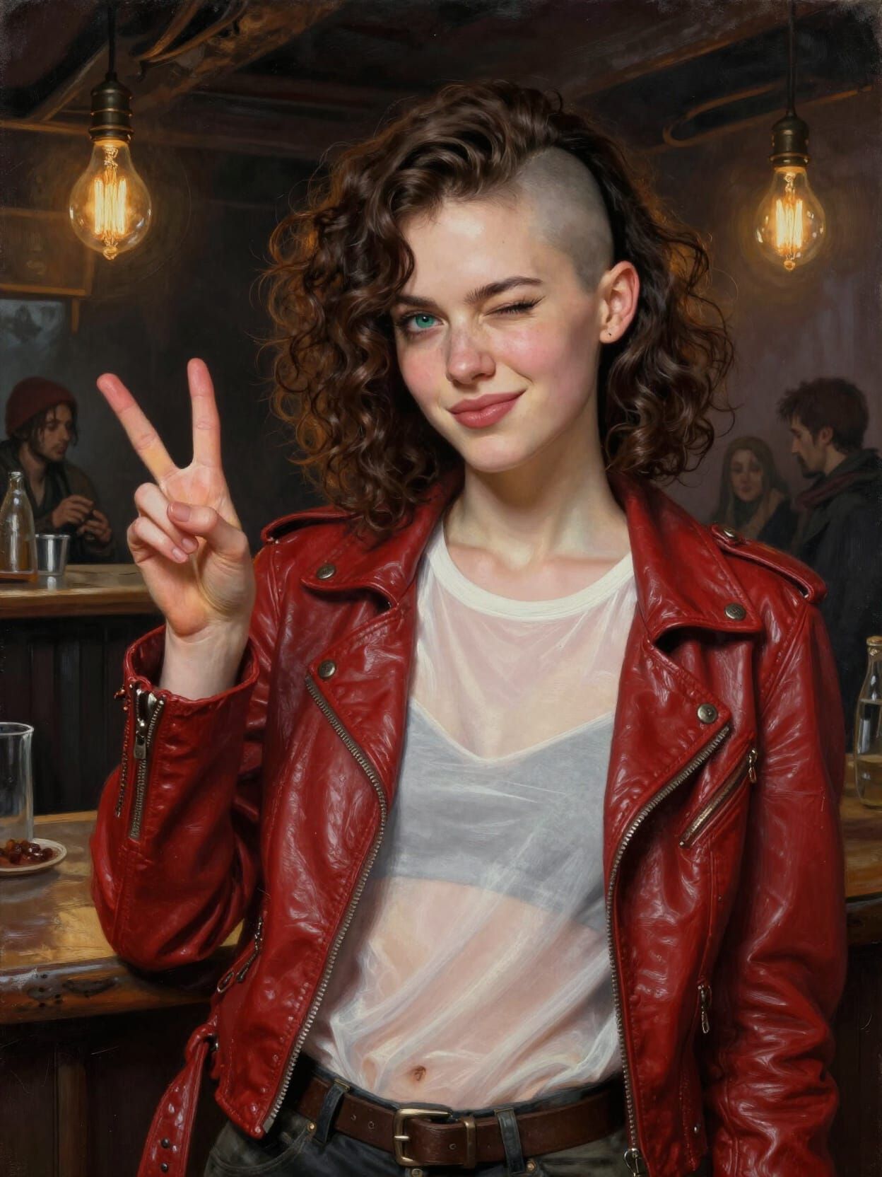 Post-Apocalyptic Barmaid Winks in Oil Painting Style