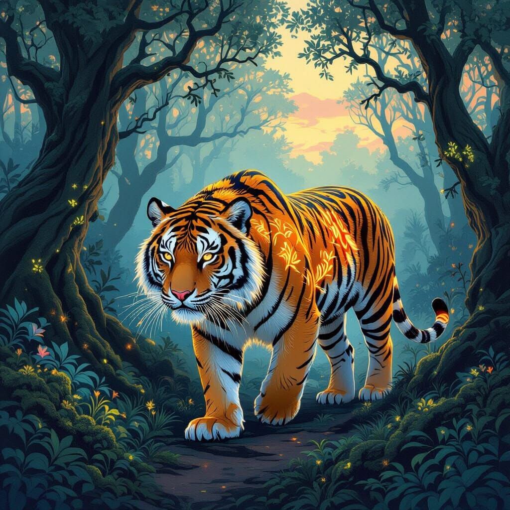 A majestic tiger, adorned with ethereal, glowing floral patterns, walks through a mystical forest bathed in twilight. An...