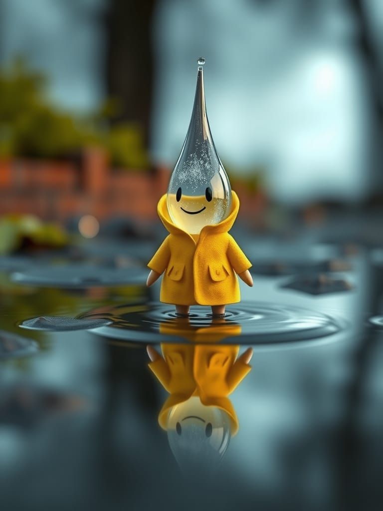 Anthropomorphic Raindrop in Puddle: Digital Art