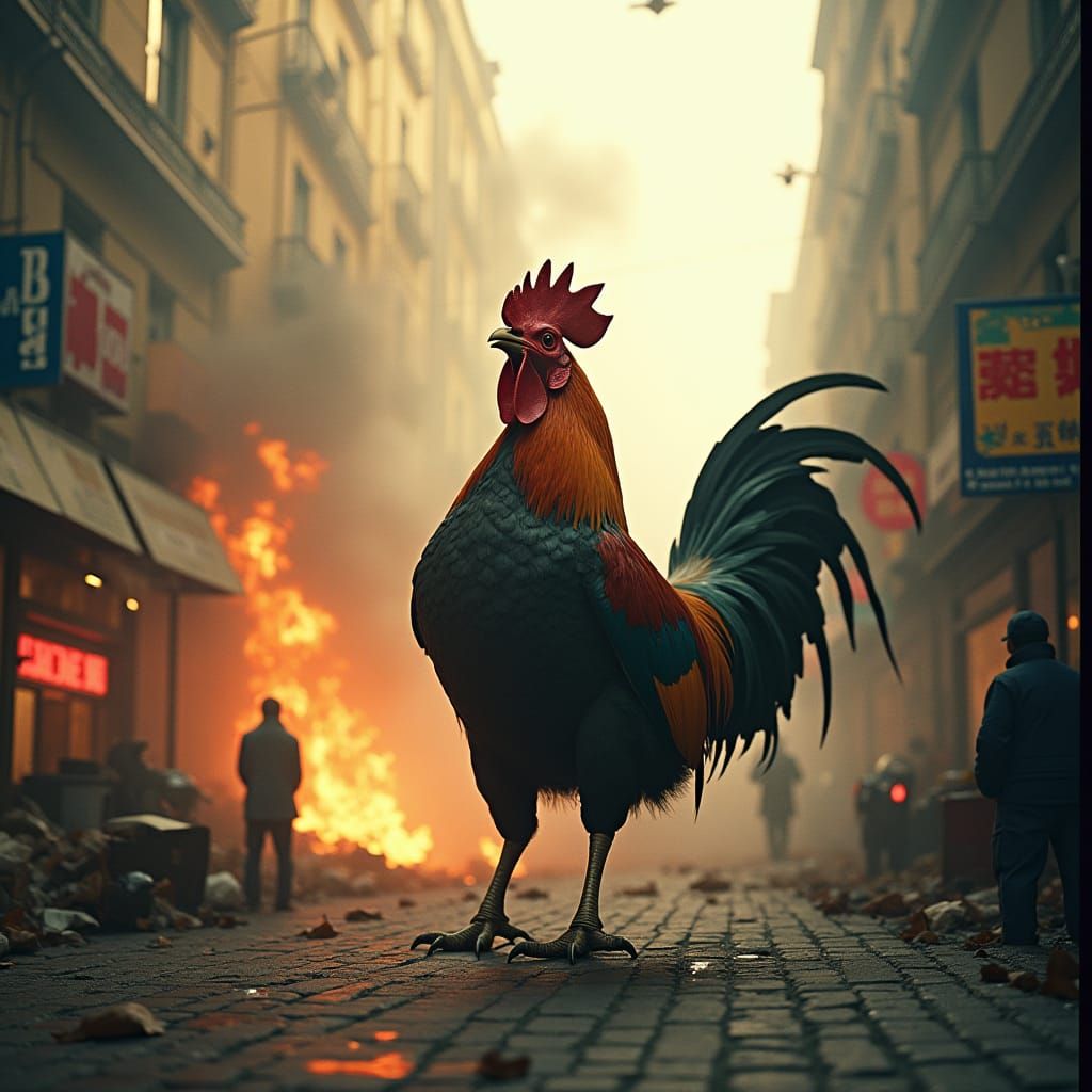 Giant Rooster Destroys City: Cinematic Film Still