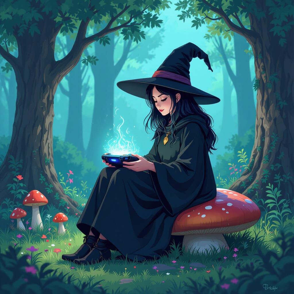 Whimsical Witch Immersed in Forest Gaming