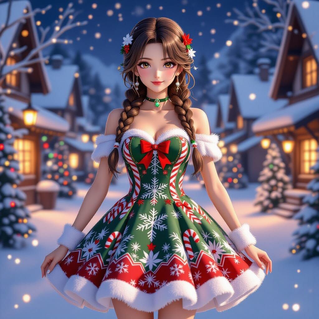 Anime Concept Art of Woman in Festive Christmas Dress