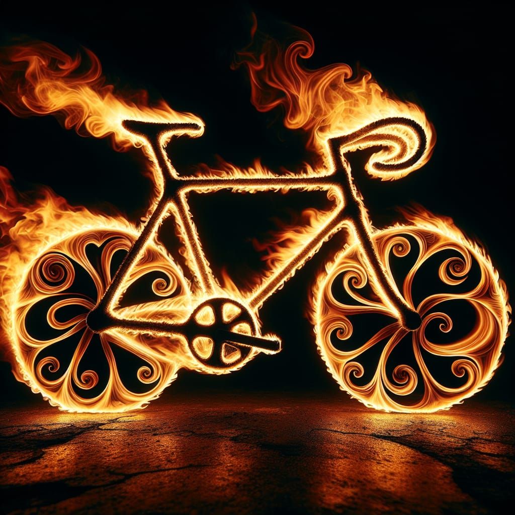 Fiery Bicycle: Luminous Flames in a Stark Black Void