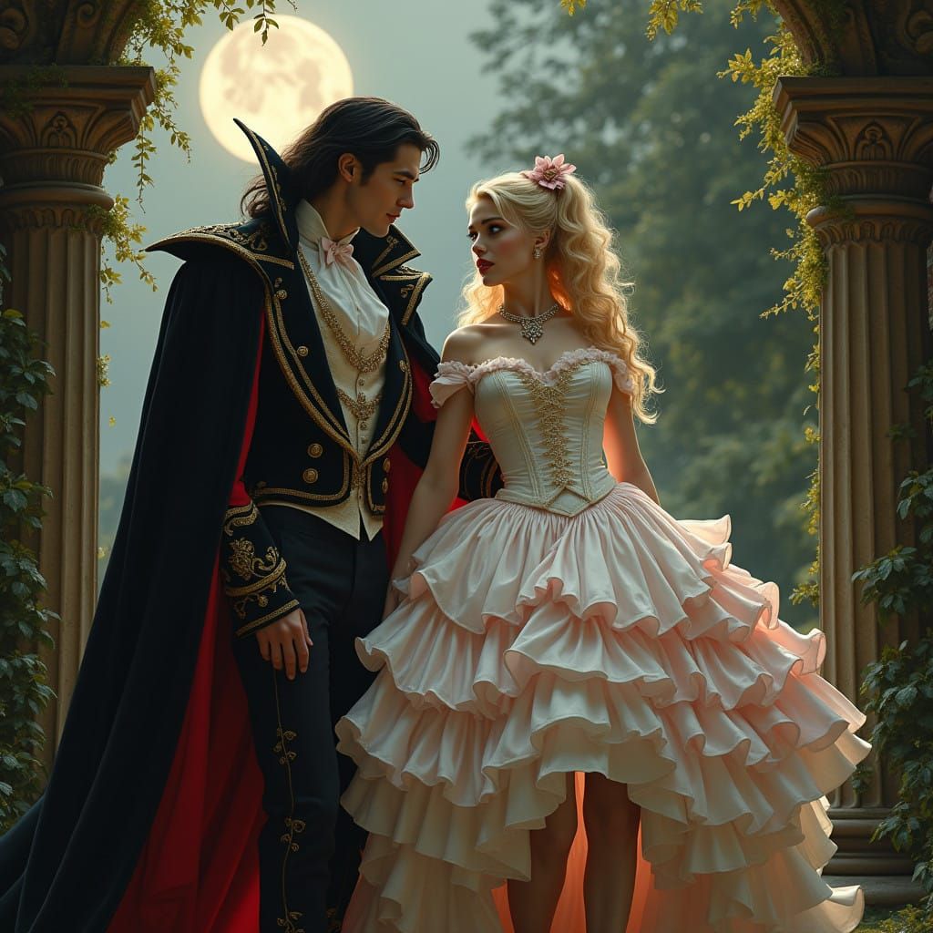 Regal Vampire King and Bride Stroll on Moonlit Garden Path i...