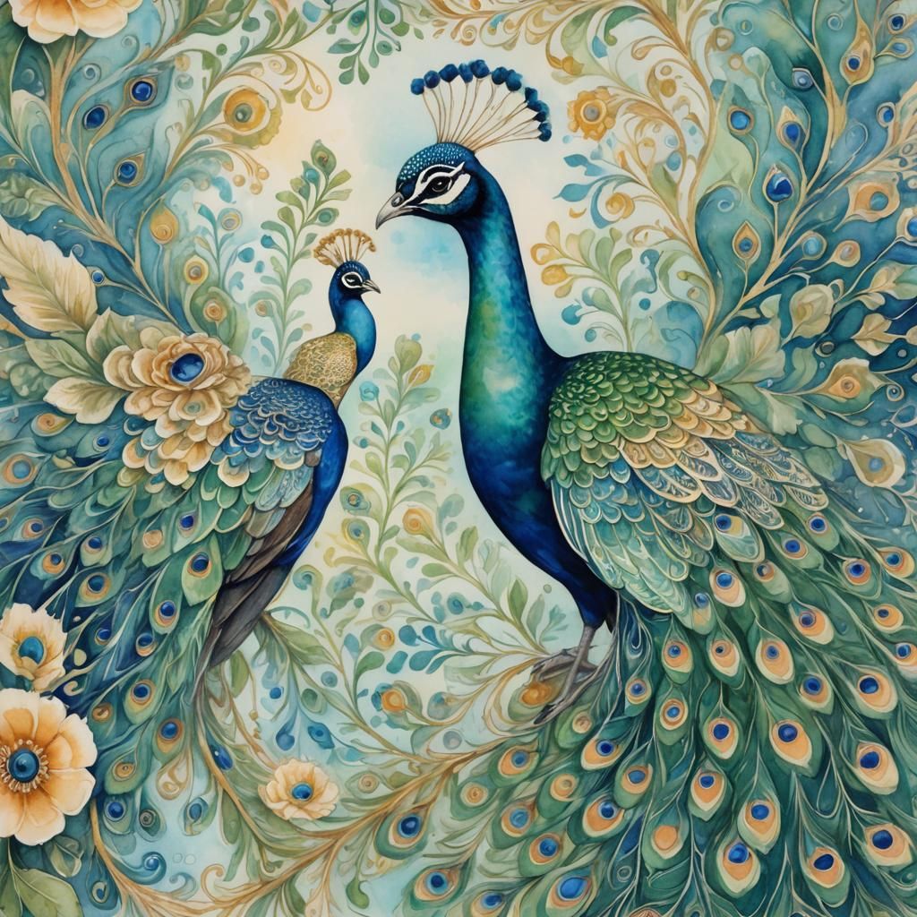 Majestic Peacocks Among Paisley: Watercolour Painting