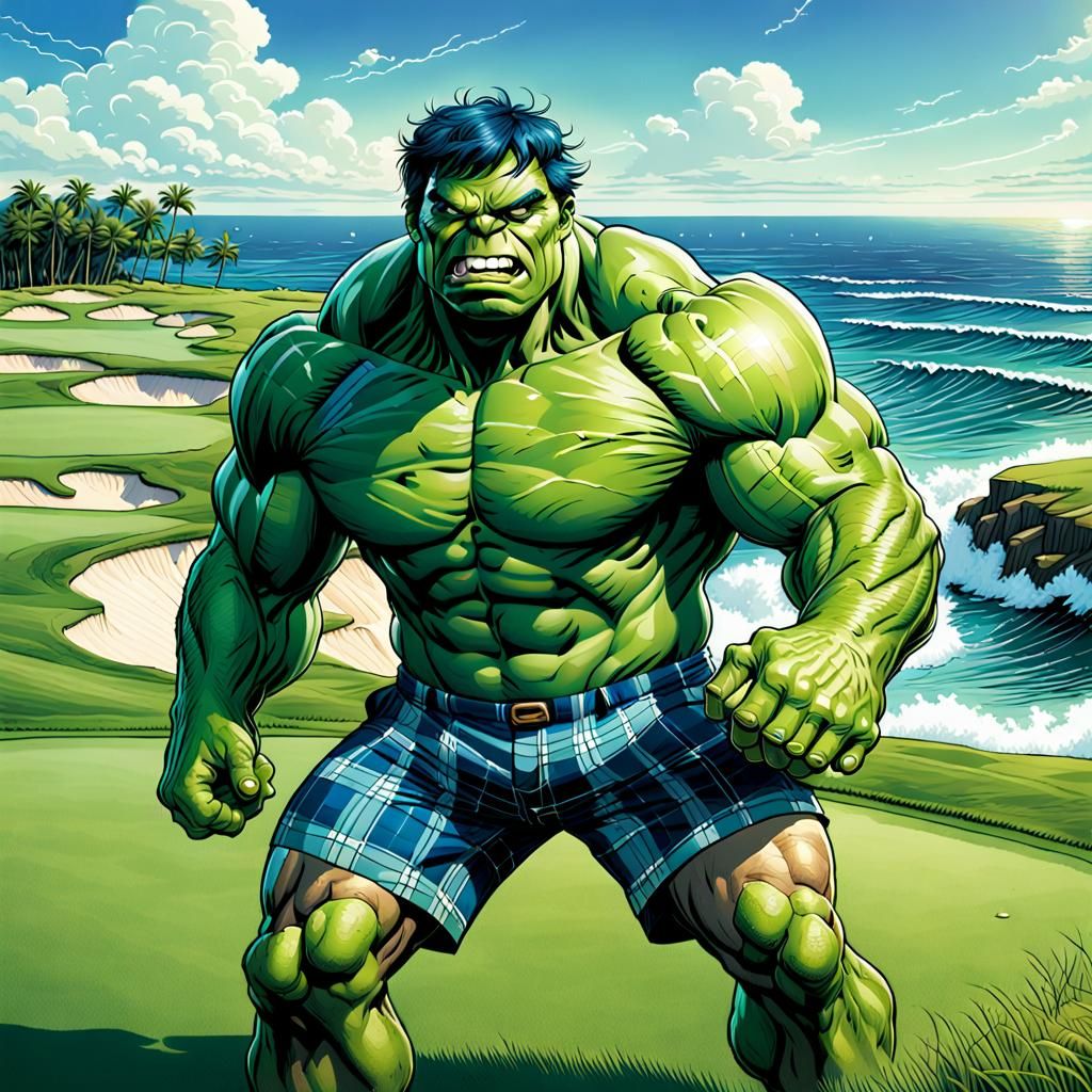 The Incredible Golfing Hulk: Smashing Drives in Blue Plaid Shorts with Expansive Oceanic Views