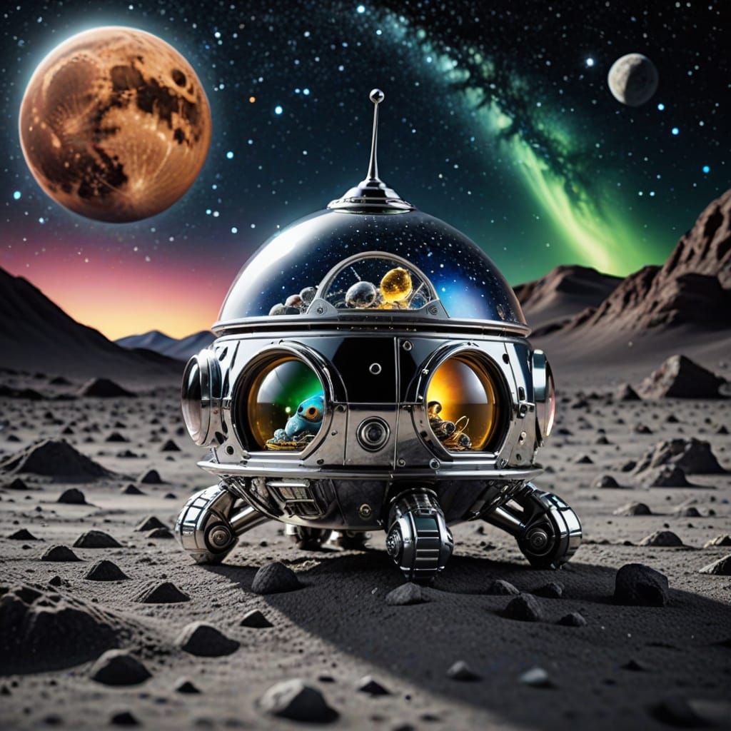 Stellar Chrome Spaceship on Lunar Surface with Alien Compani...