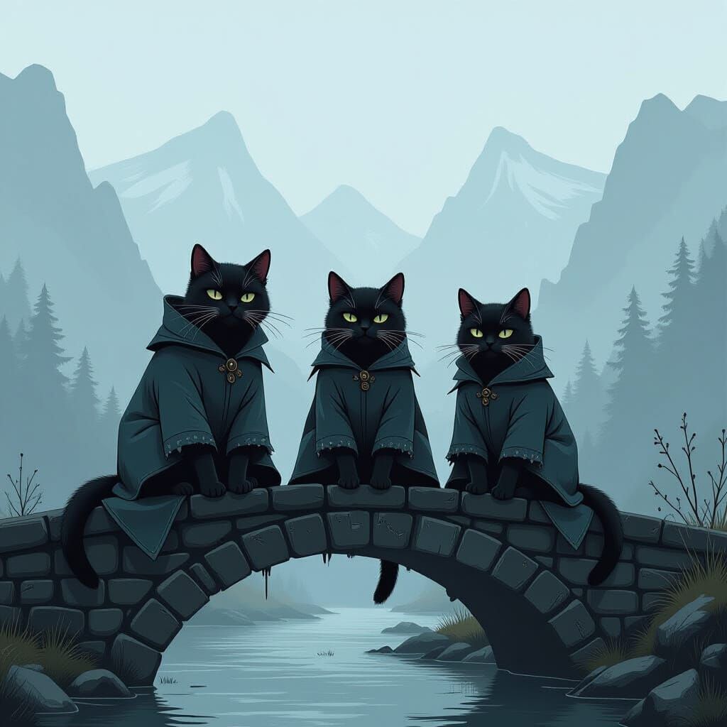 Eerie Fanged Cats on Misty Mountain Bridge