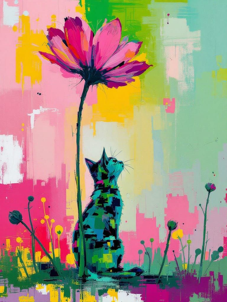 Impasto Cat Under Flower with Vibrant Color Fields