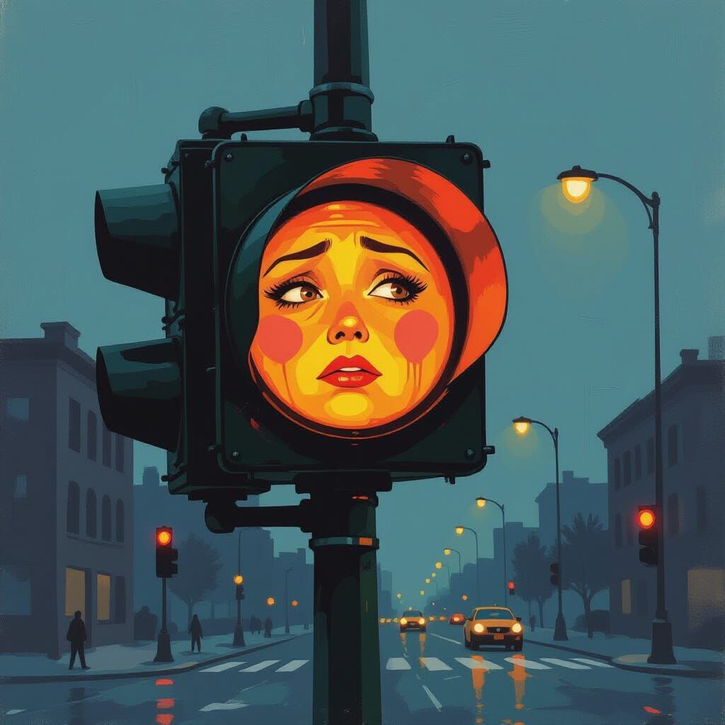 Worried Traffic Light Gouache Painting