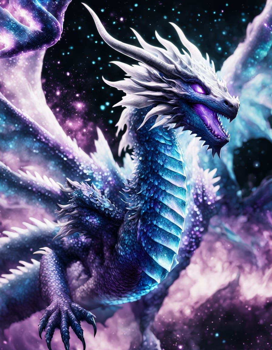 Celestial Ice Dragon Soaring Through Nebula in Manga Style