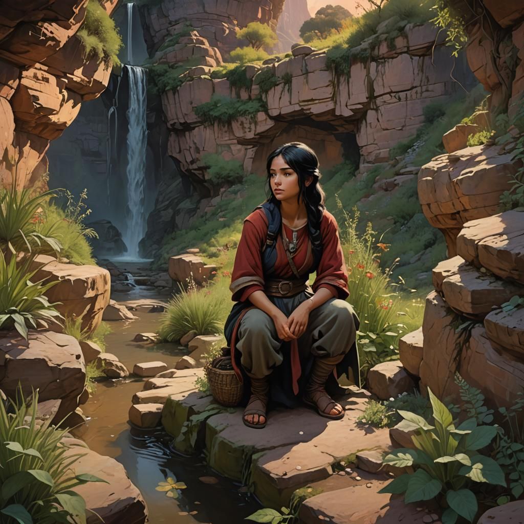 Teenage Herbalist in Lush Canyon at Sunset