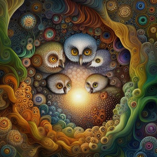 Radiant Phoenix and Owl Babies in Blossom Gardens