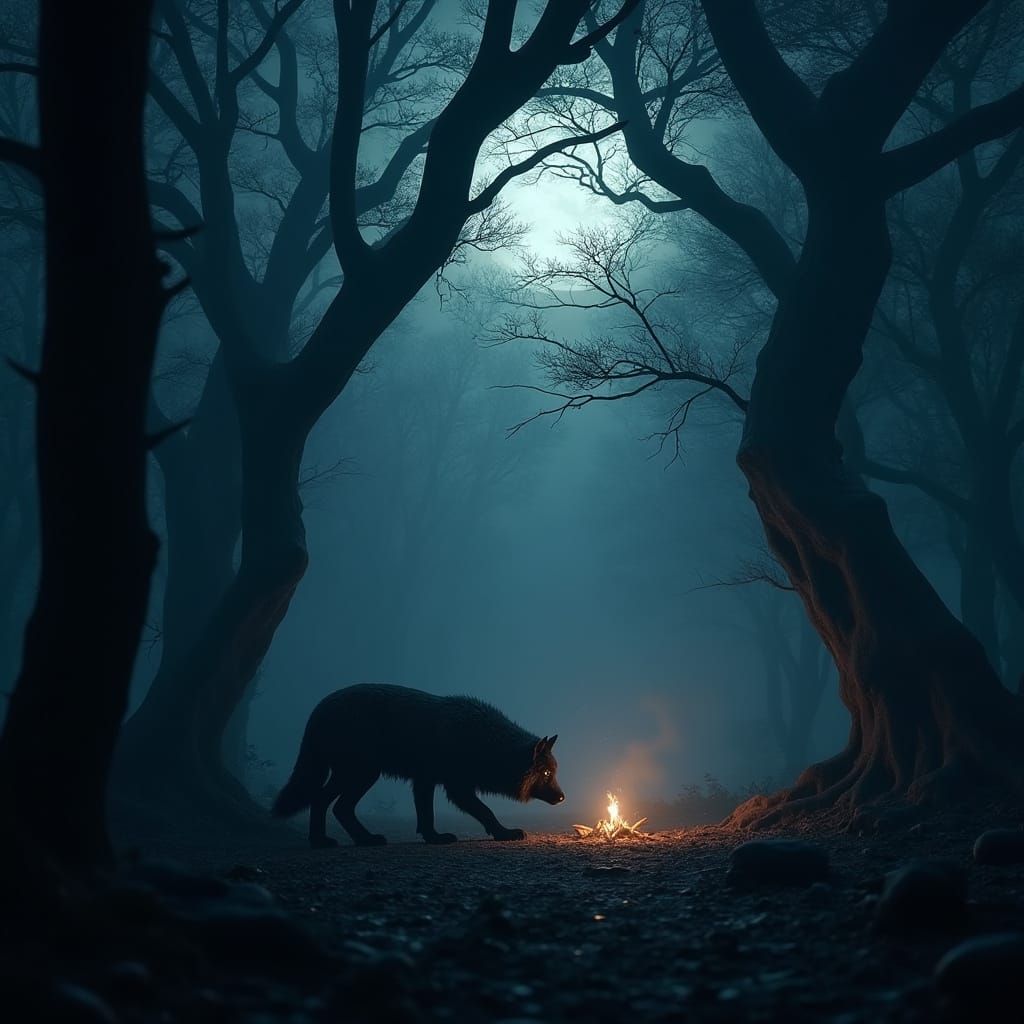 Ethereal Medieval Forest at Night, Illuminated by a Full Moo...