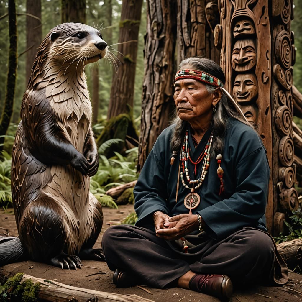 Native American Shaman Meditating Before Otter Totem