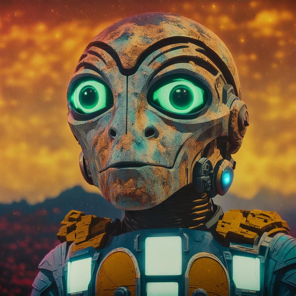 Astronaut and Alien Structure in Neon Sci-Fi