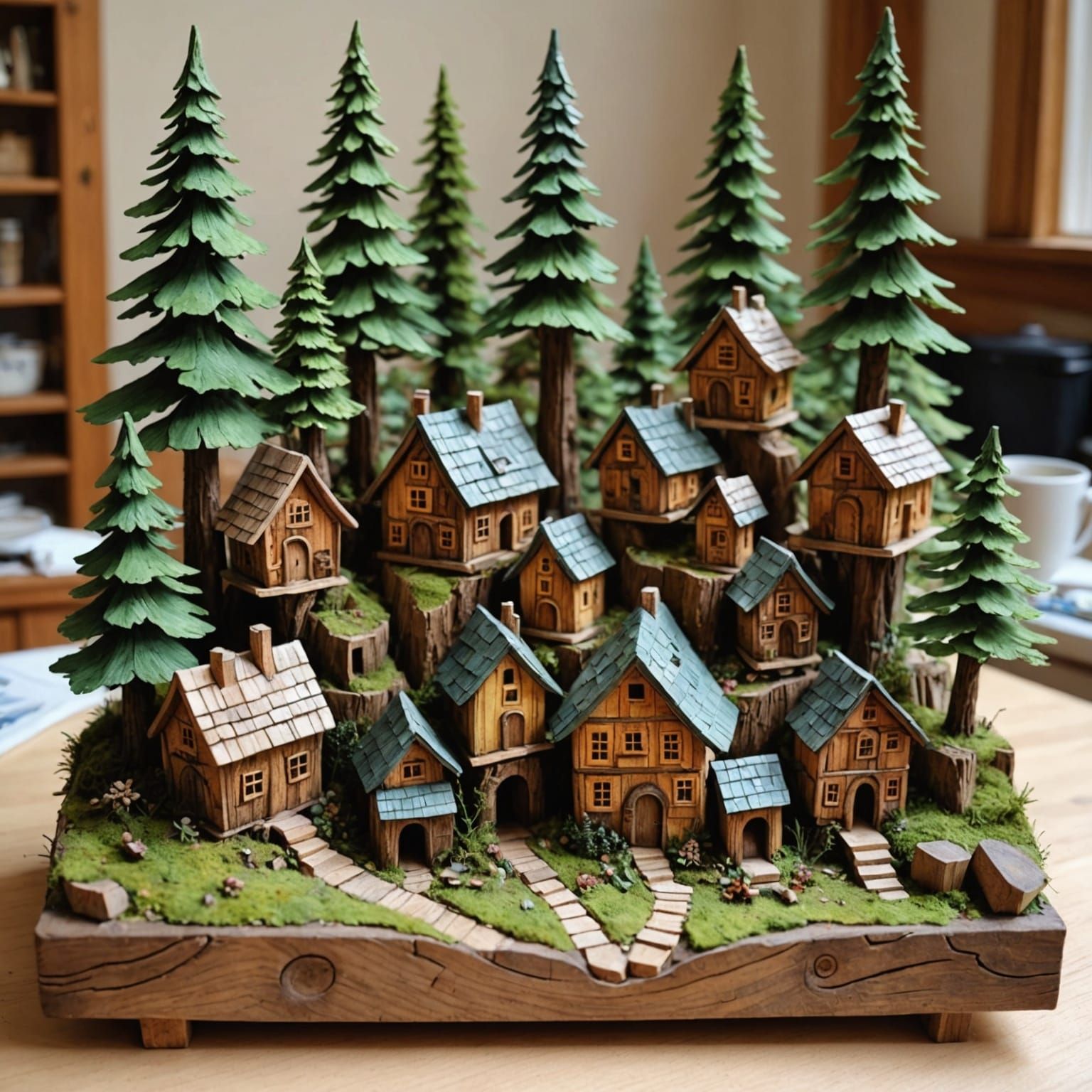 Cozy Miniature Forest Village in Watercolor