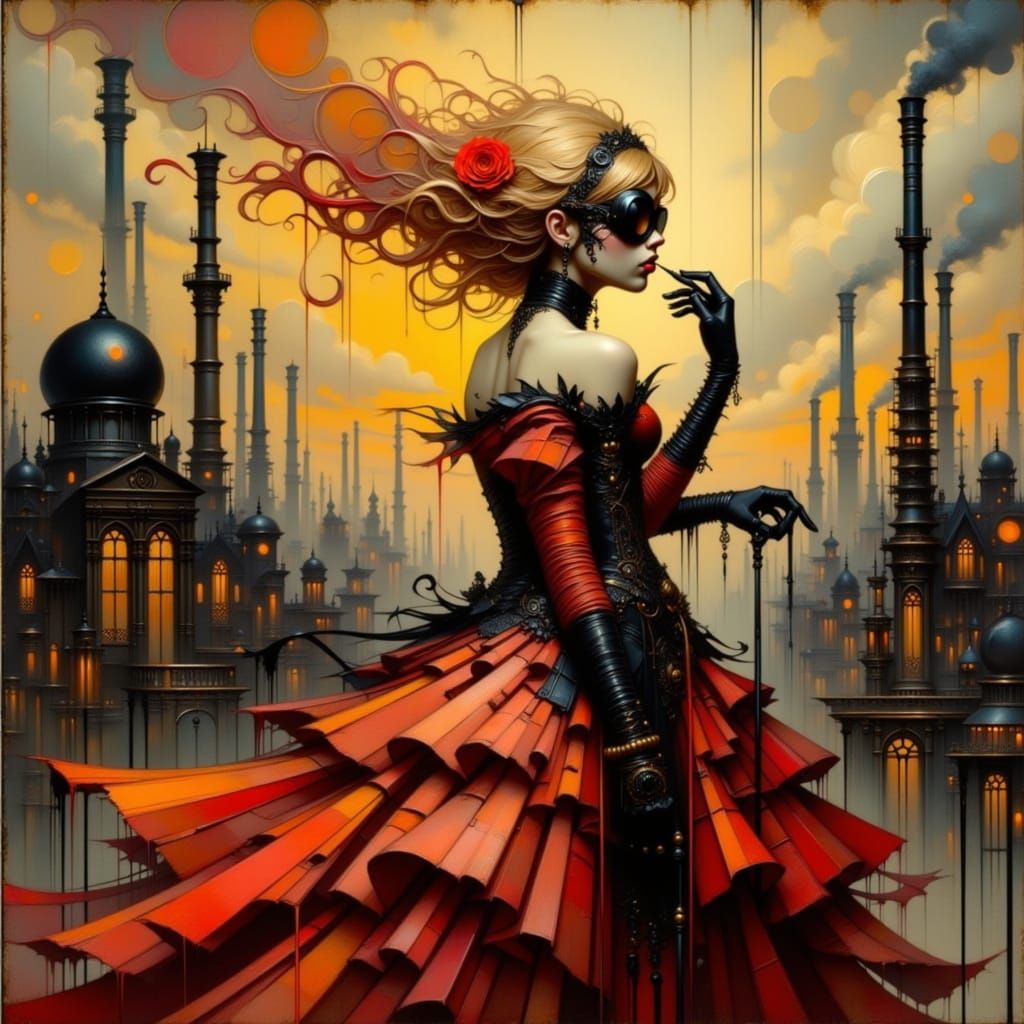 Victorian Beauty on Factory Rooftop in Impasto Style