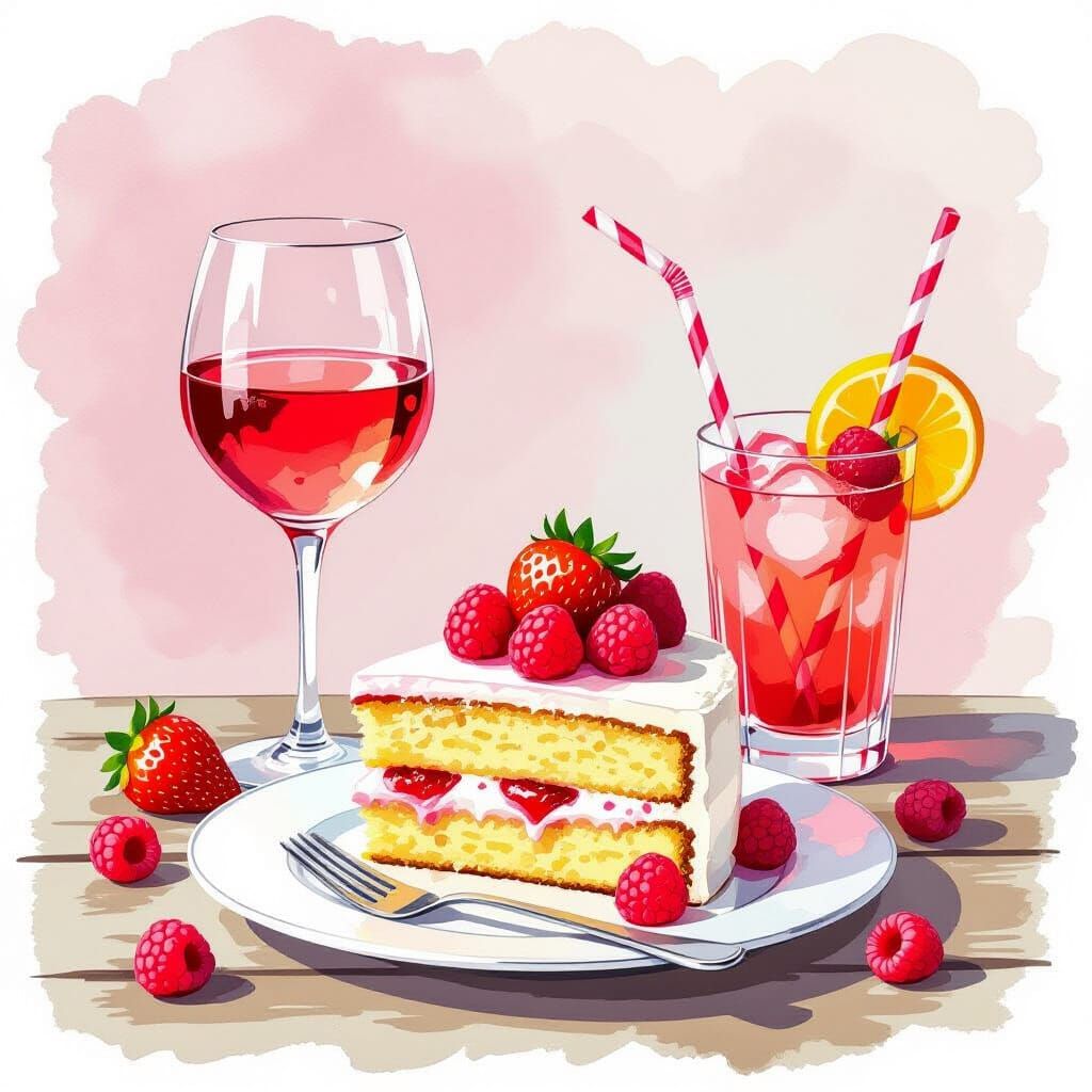 Raspberry Cake, Wine, and Daiquiri in Watercolor Style