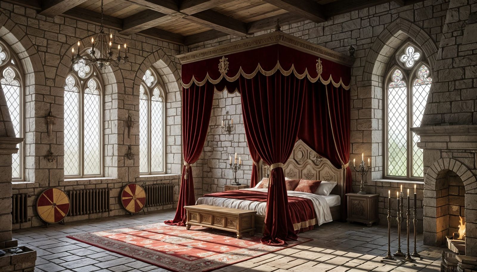 Gothic Medieval Castle Chamber Interior with Stained Glass