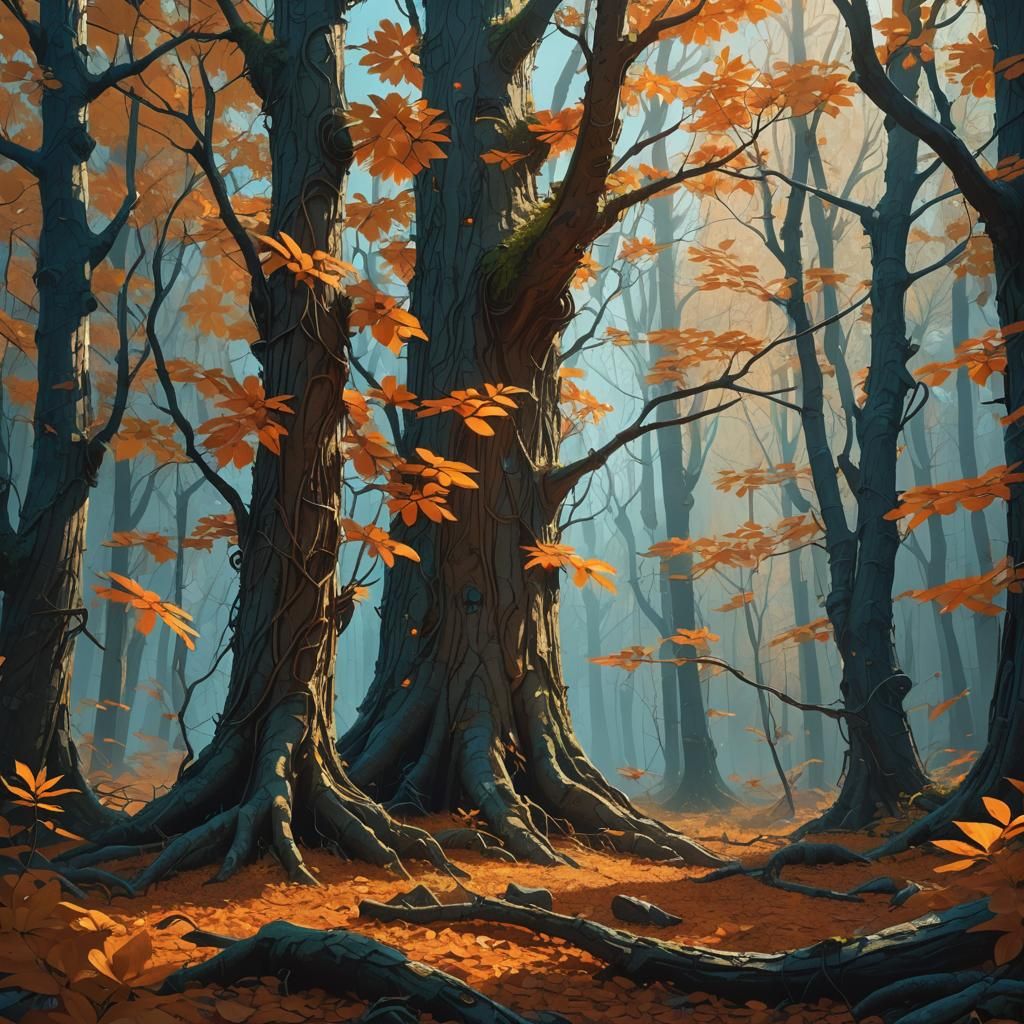 Fantastical Forest: Orange Leaf Tree Digital Painting