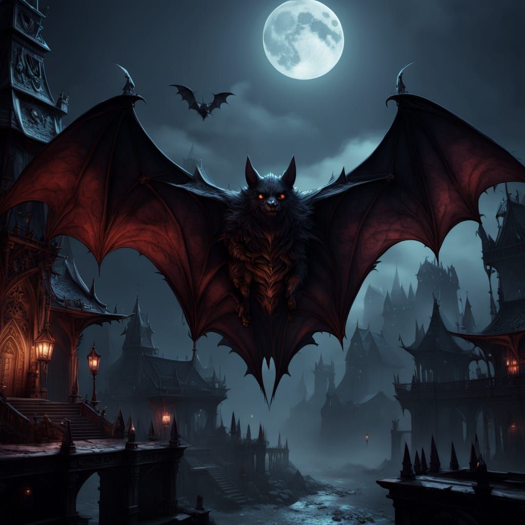 Gothic Bat Amidst a Blood Moon